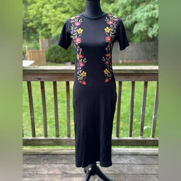 ASOS Black Dress with Colorful Floral Embroidery boho print spit side - Picture 1 of 7
